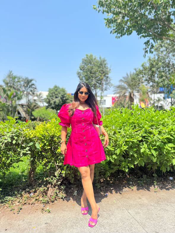 DENIM PUFF SLEEVES SKATER DRESS - PINK