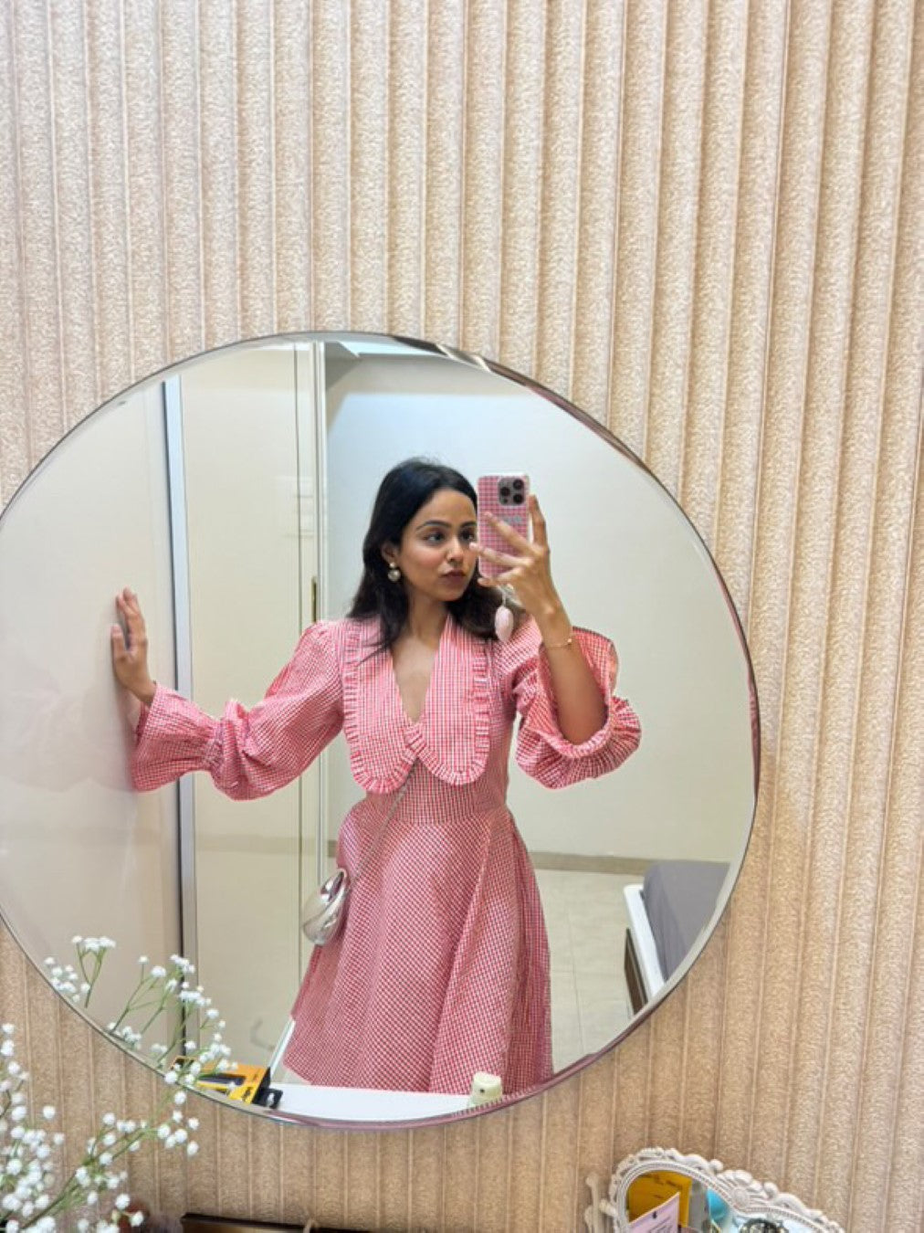 GINGHAM FRILL SKATER DRESS - RED