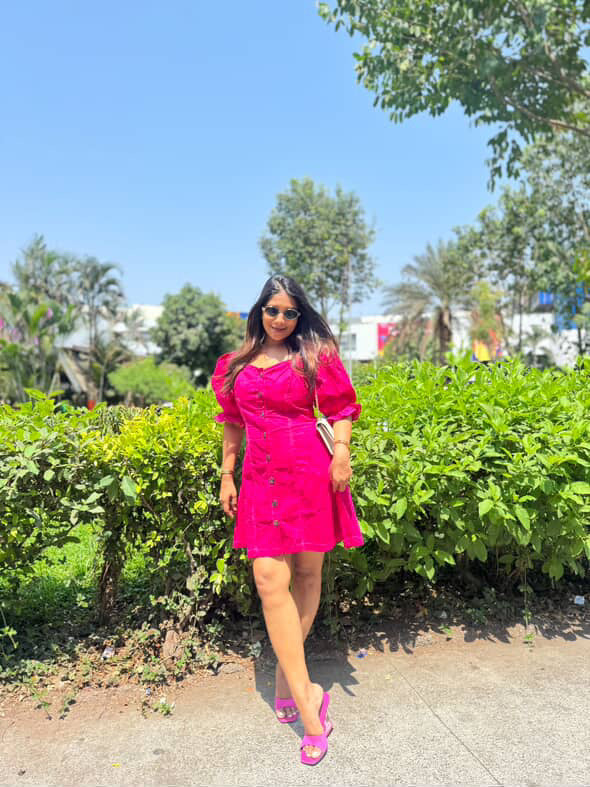 DENIM PUFF SLEEVES SKATER DRESS - PINK