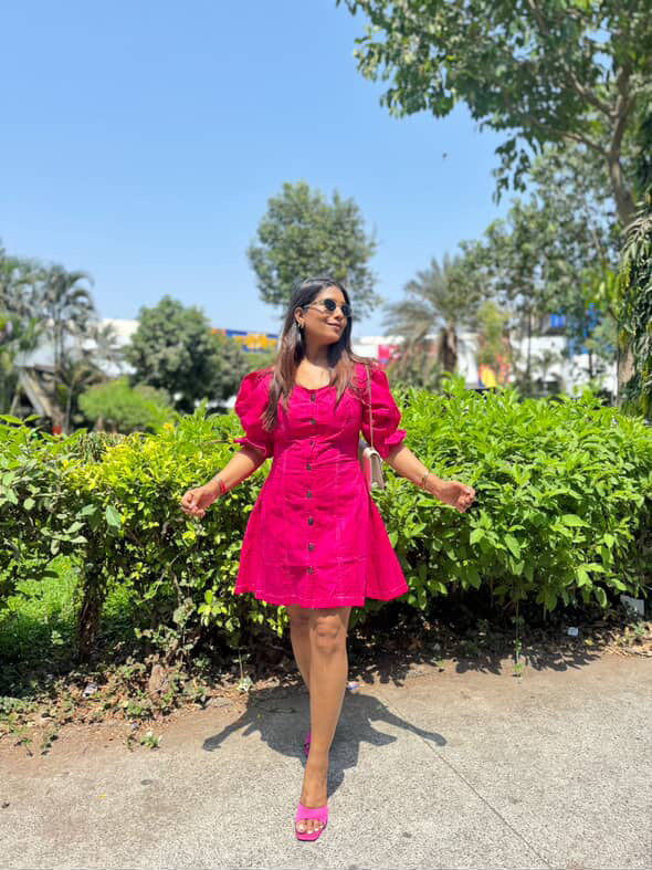 DENIM PUFF SLEEVES SKATER DRESS - PINK