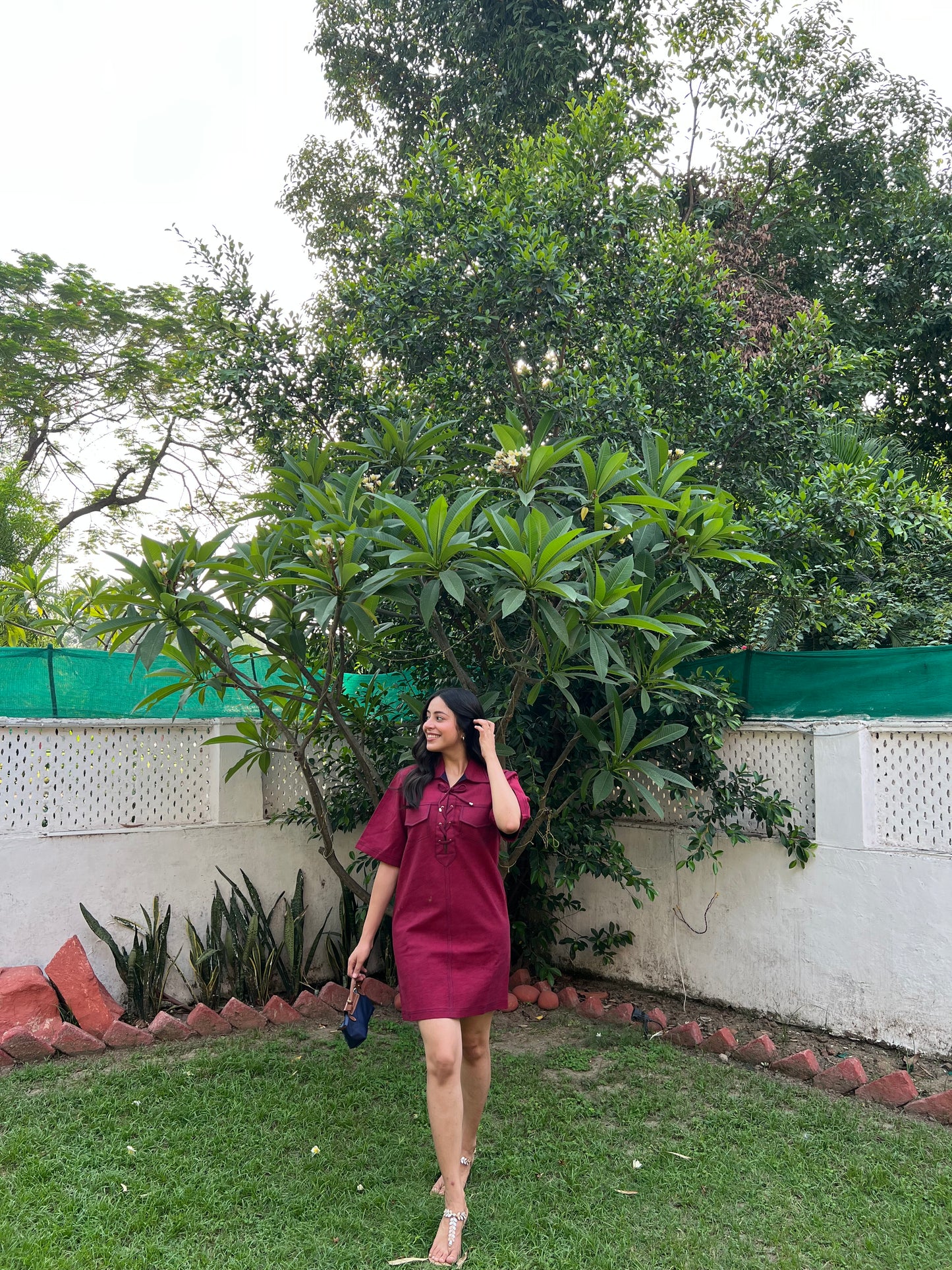 DENIM RIVID DRESS - DARK PINK