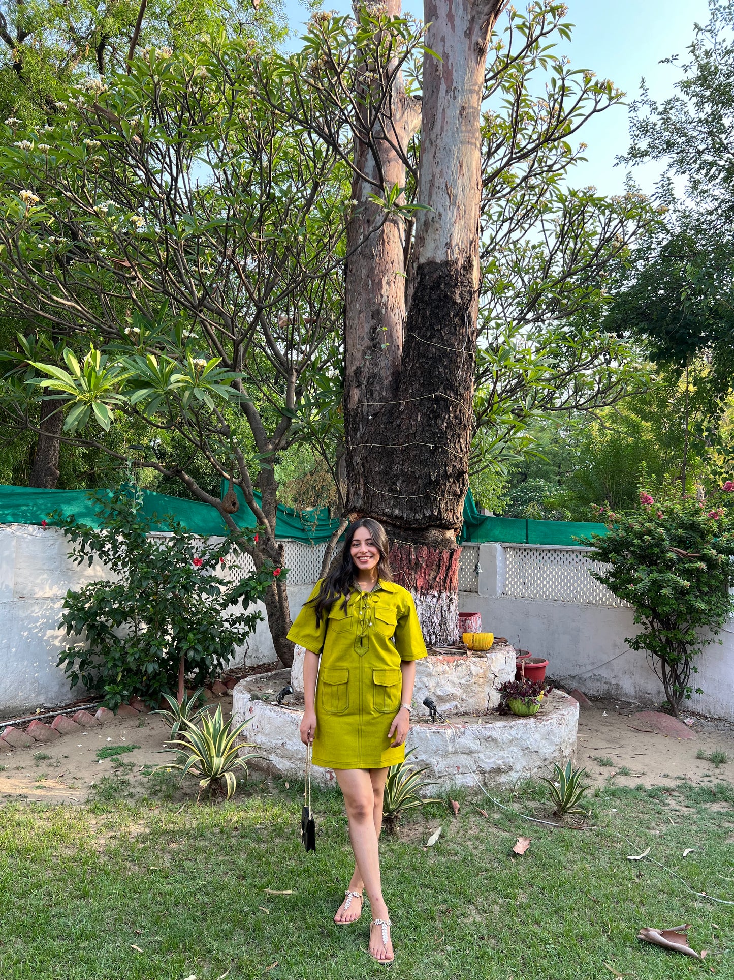 DENIM RIVID DRESS - NEON GREEN