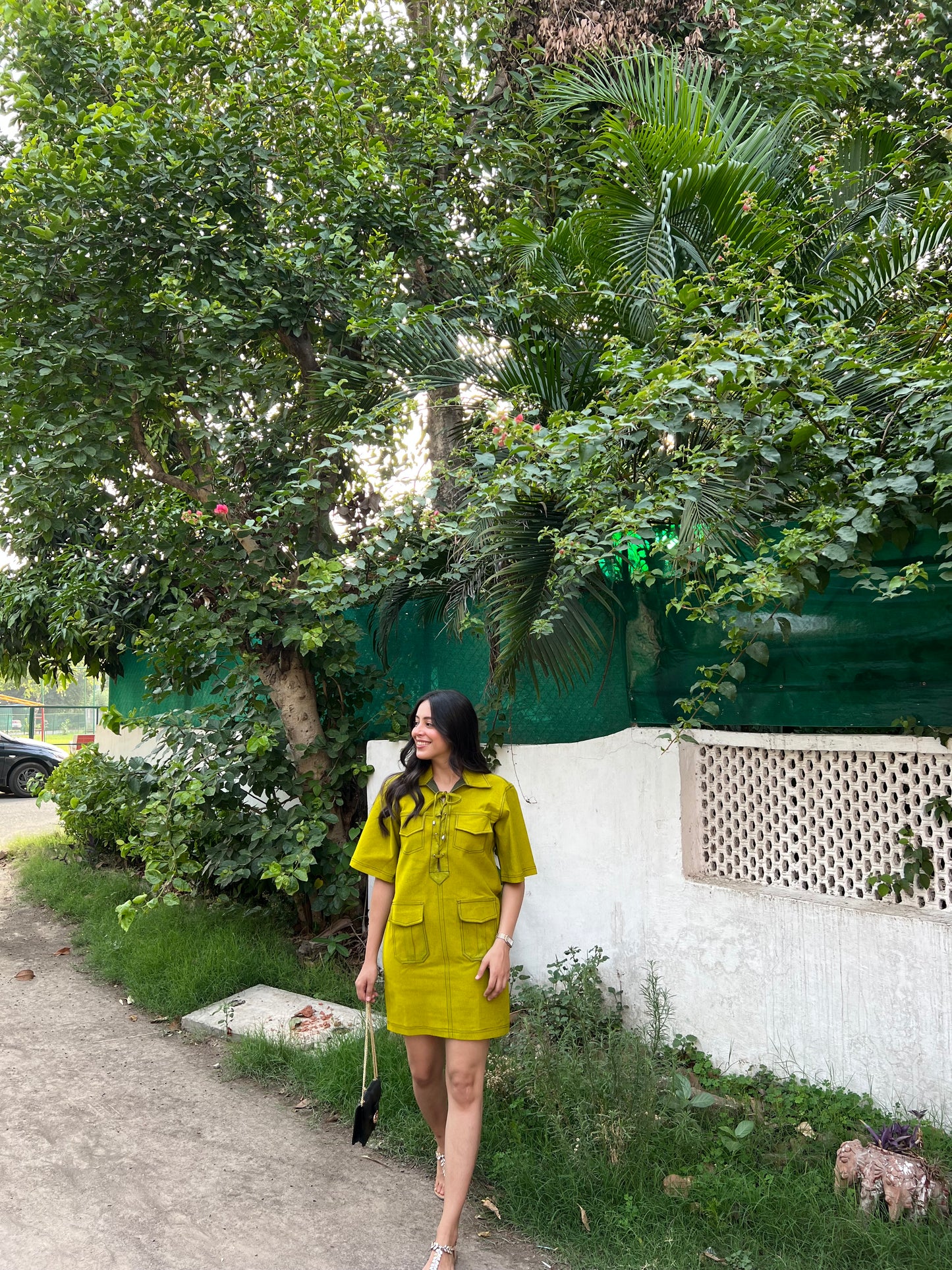 DENIM RIVID DRESS - NEON GREEN