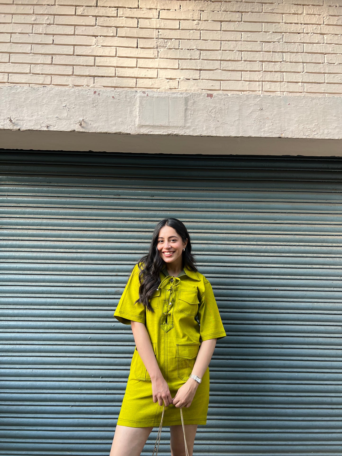 DENIM RIVID DRESS - NEON GREEN