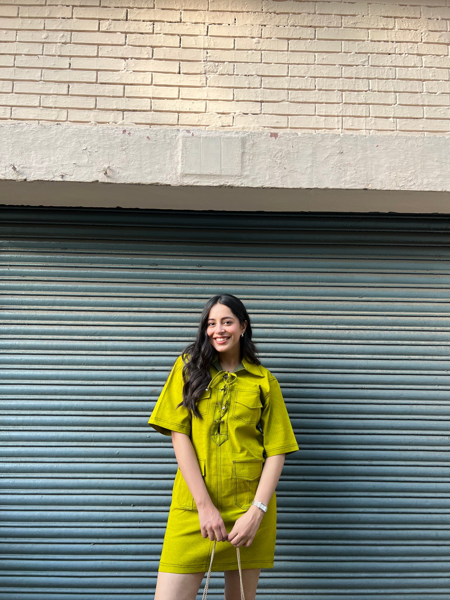 DENIM RIVID DRESS - NEON GREEN
