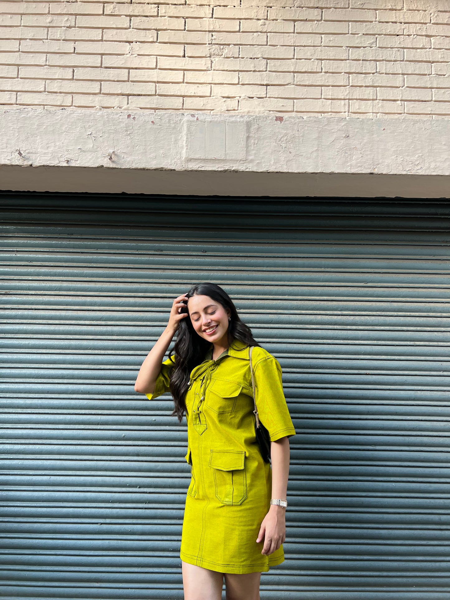 DENIM RIVID DRESS - NEON GREEN