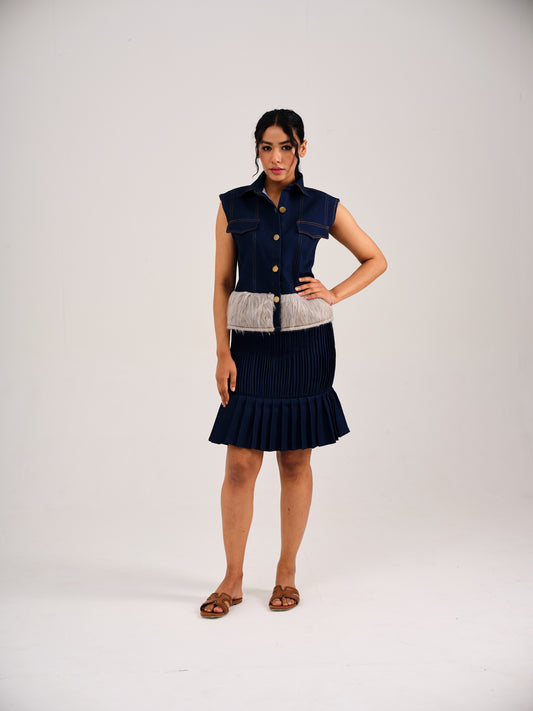 DENIM FUR SKIRT COORD -BLUE