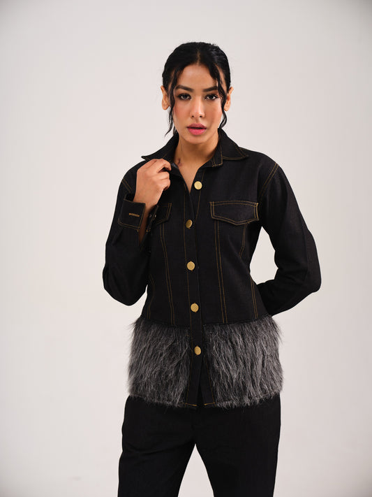 DENIM FUR COORD - BLACK