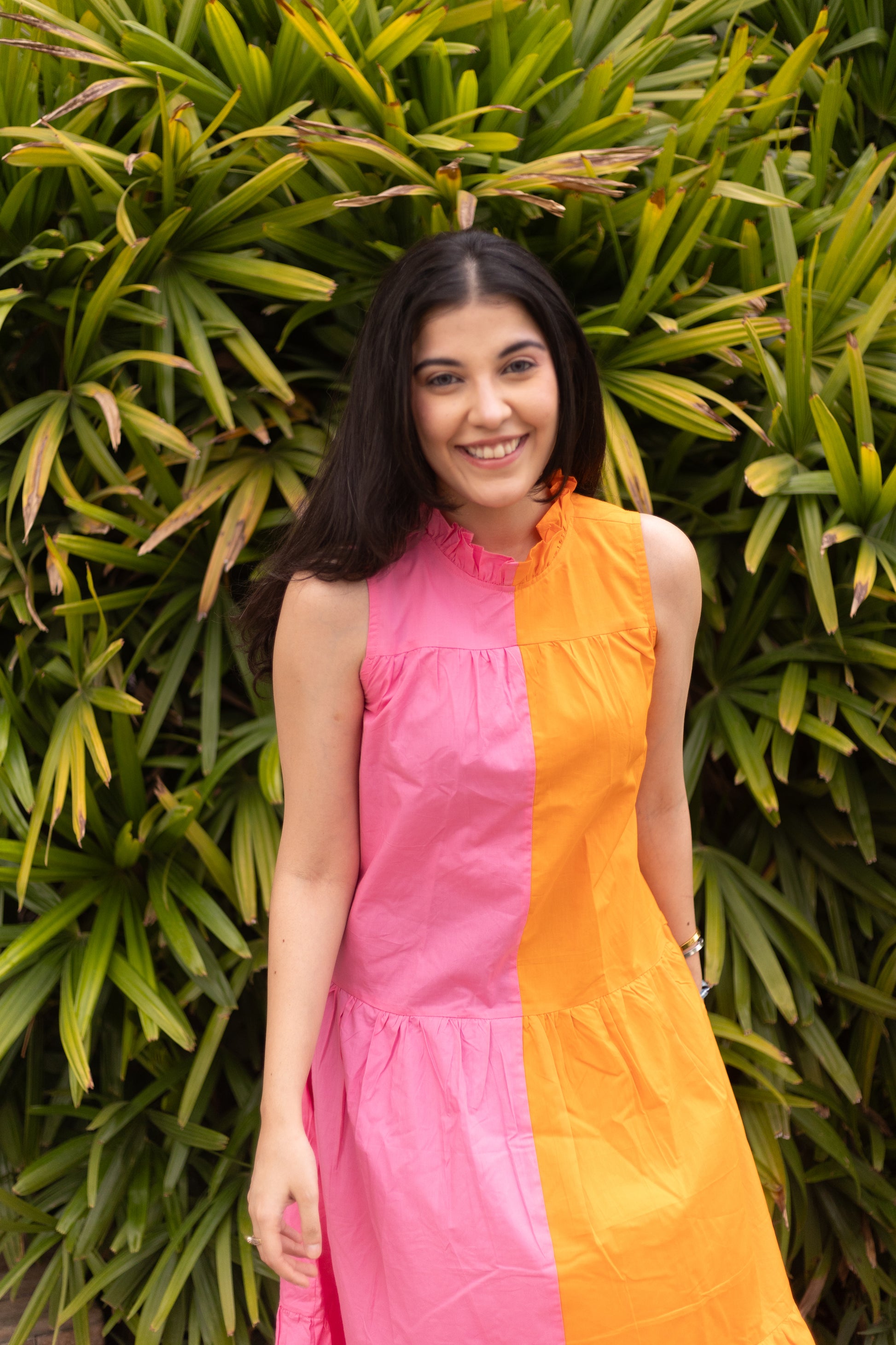 pink and orange block dress Topshop asymmetric seam midi dress in color block orange and pink