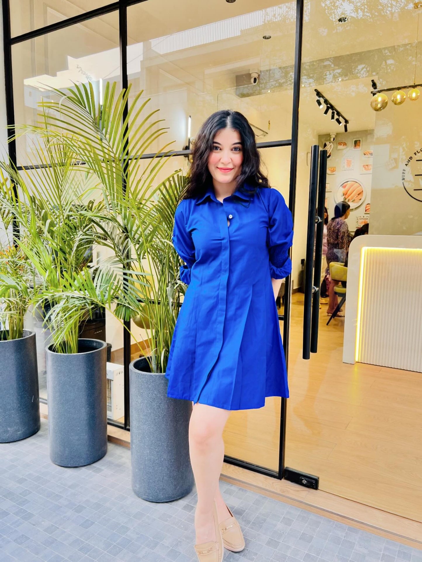 SHIRT DRESS WITH SMOKED SLEEVES - ROYAL BLUE