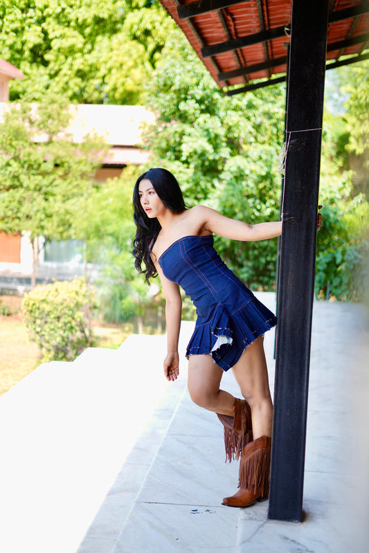 INDIGO PLEATED DENIM DRESS