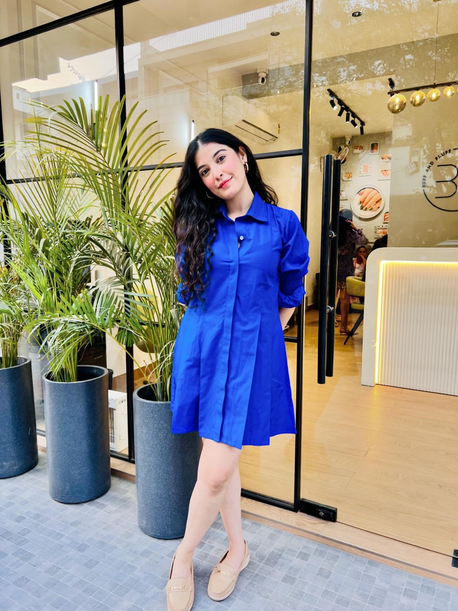 SHIRT DRESS WITH SMOKED SLEEVES - ROYAL BLUE SHIRT DRESS WITH SMOKED SLEEVES - ROYAL BLUE