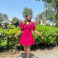 DENIM PUFF SLEEVES SKATER DRESS - PINK