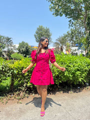DENIM PUFF SLEEVES SKATER DRESS - PINK
