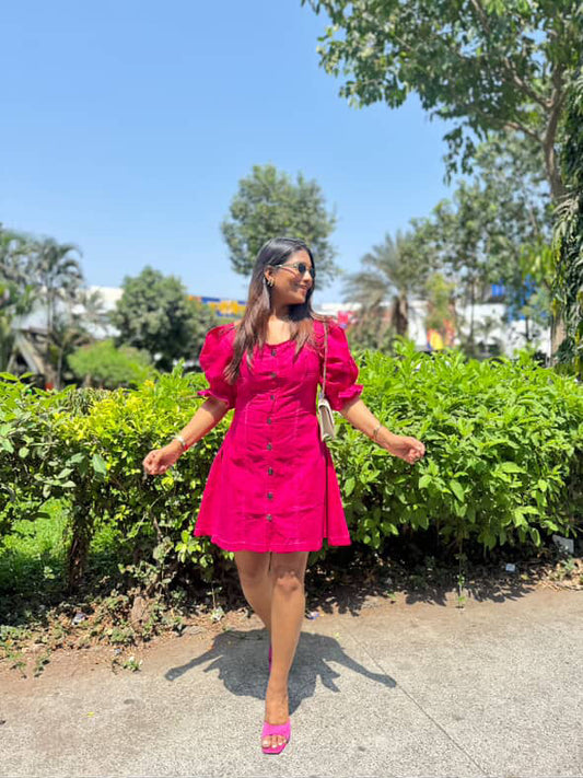 DENIM PUFF SLEEVES SKATER DRESS - PINK