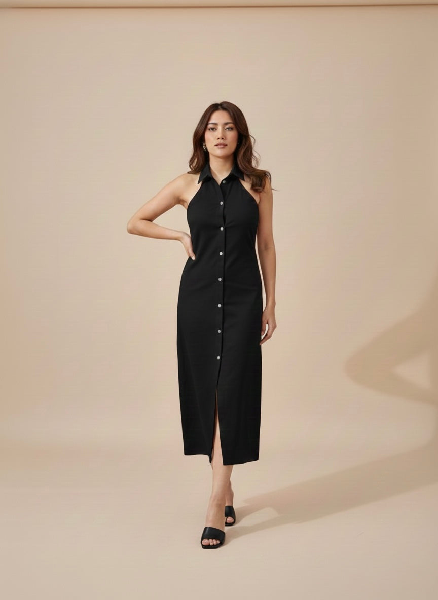 BACKLESS SHIRT DRESS - BLACK
