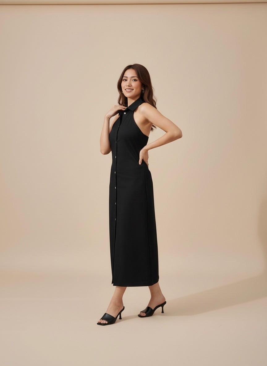 BACKLESS SHIRT DRESS - BLACK