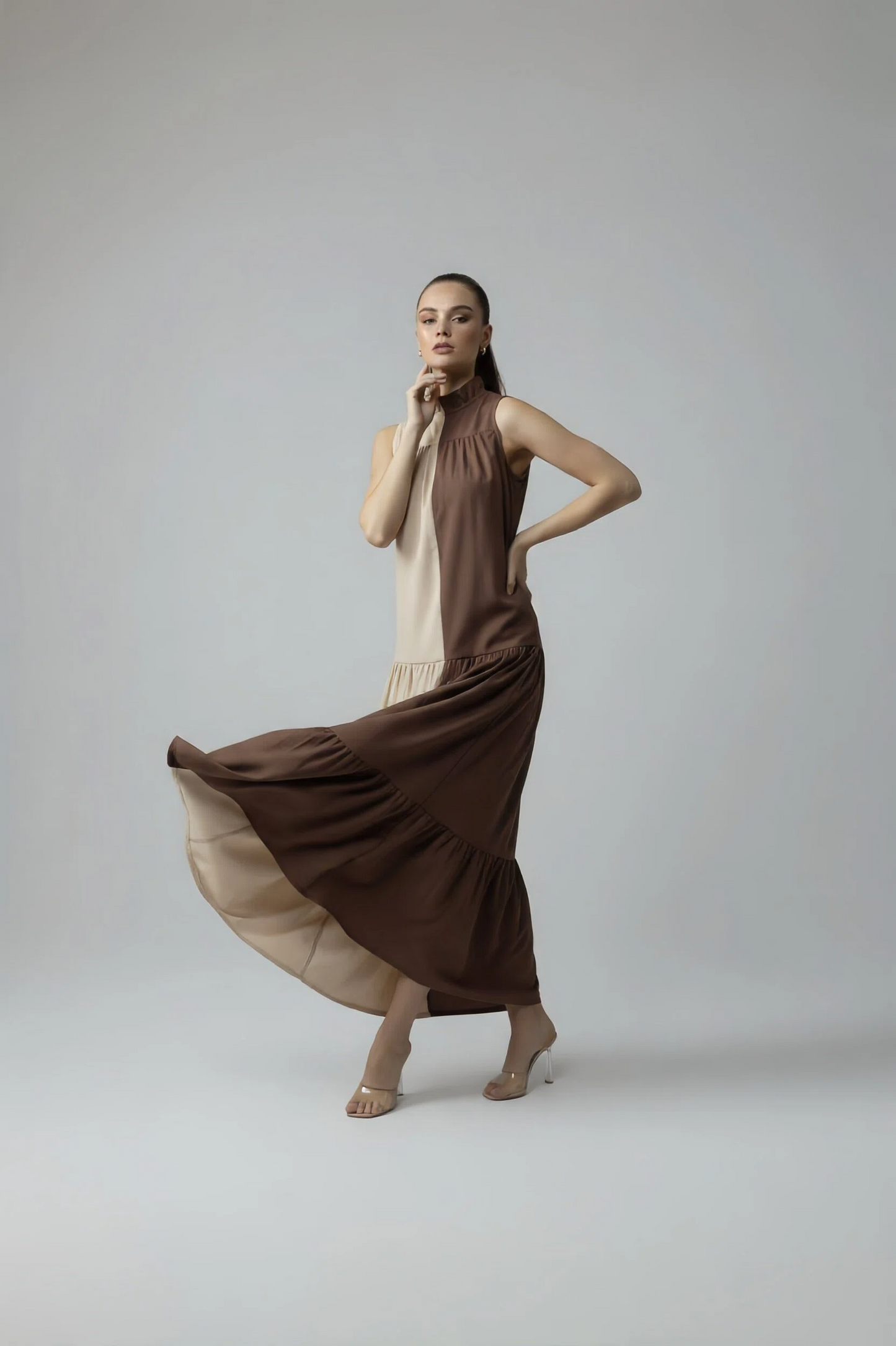 BLOCK DRESS - BEIGE/COFFEE