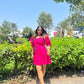 DENIM PUFF SLEEVES SKATER DRESS - PINK