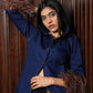 DENIM SHIRT COORD WITH FUR SLEEVES
