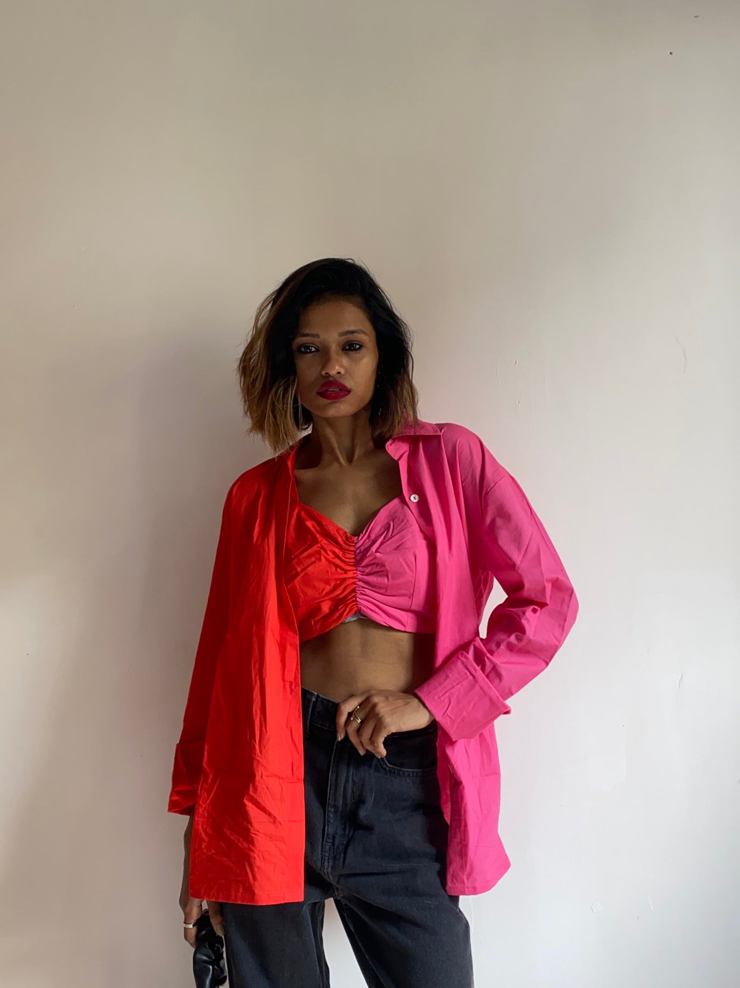 FUSCHIA BLOCK SHIRT BRALETTE DUO