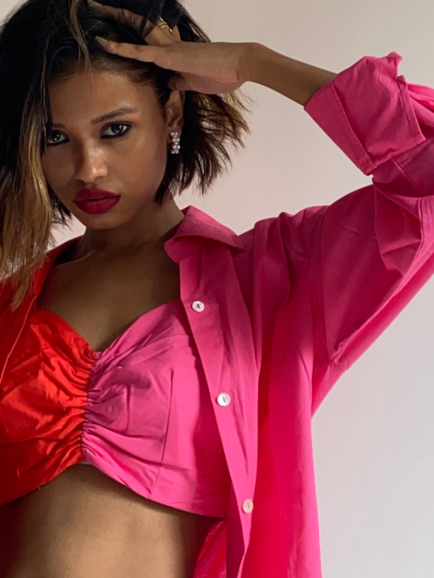 FUSCHIA BLOCK SHIRT BRALETTE DUO