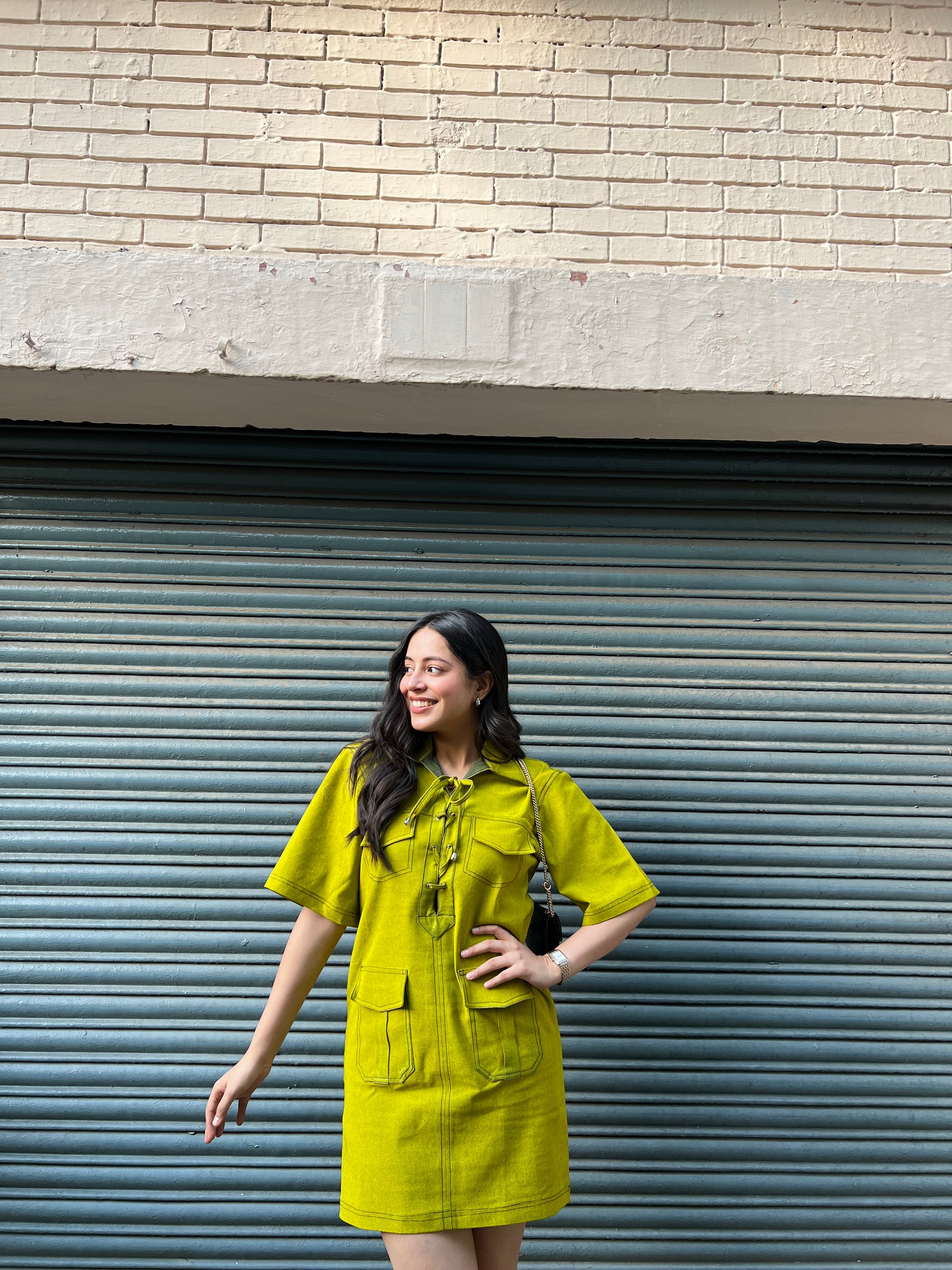 neon green denim dress Fitted Denim Dress with Relaxed Bodice, Green Wash