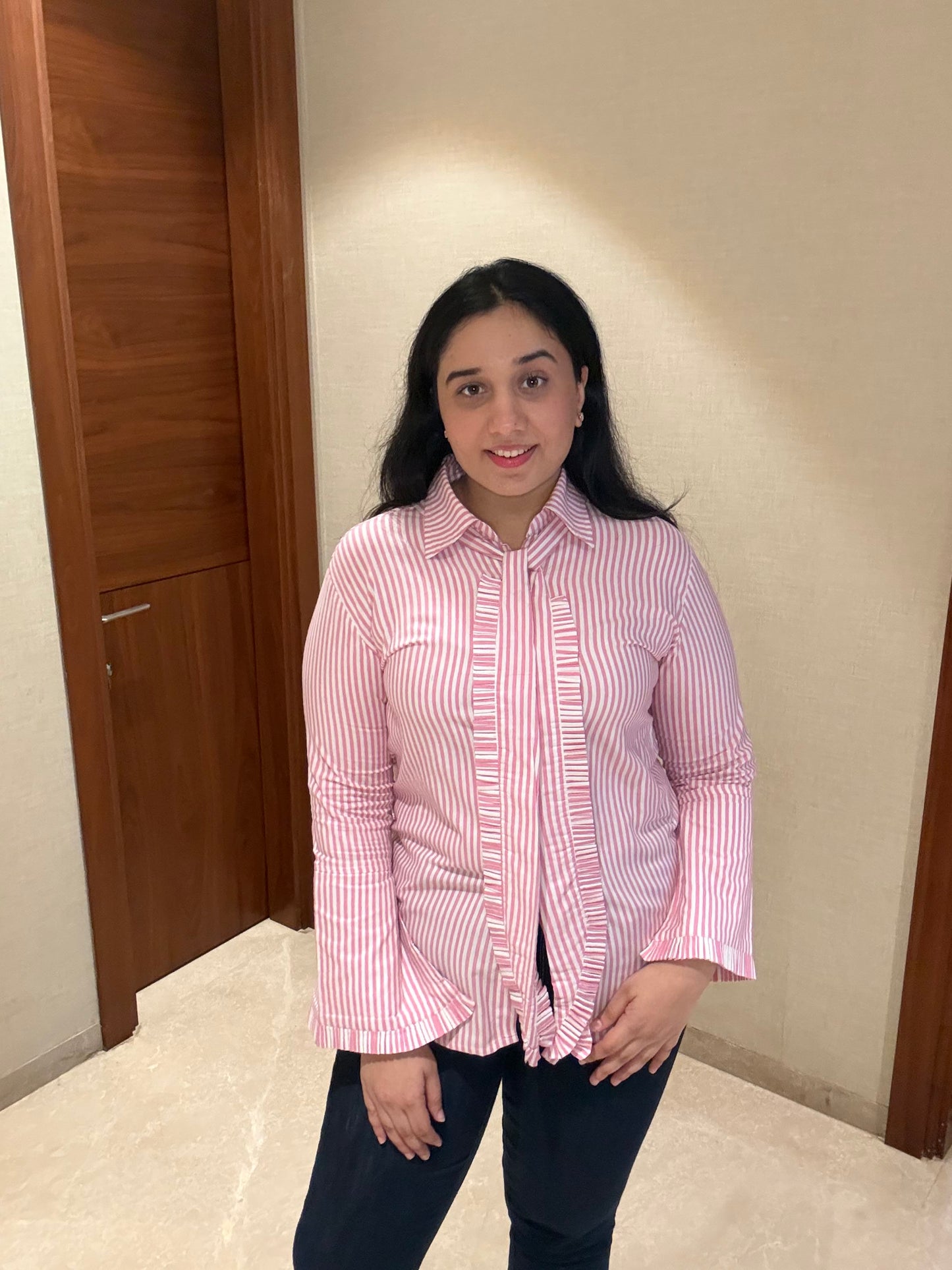 ROSE RUFFLE STRIPE SHIRT
