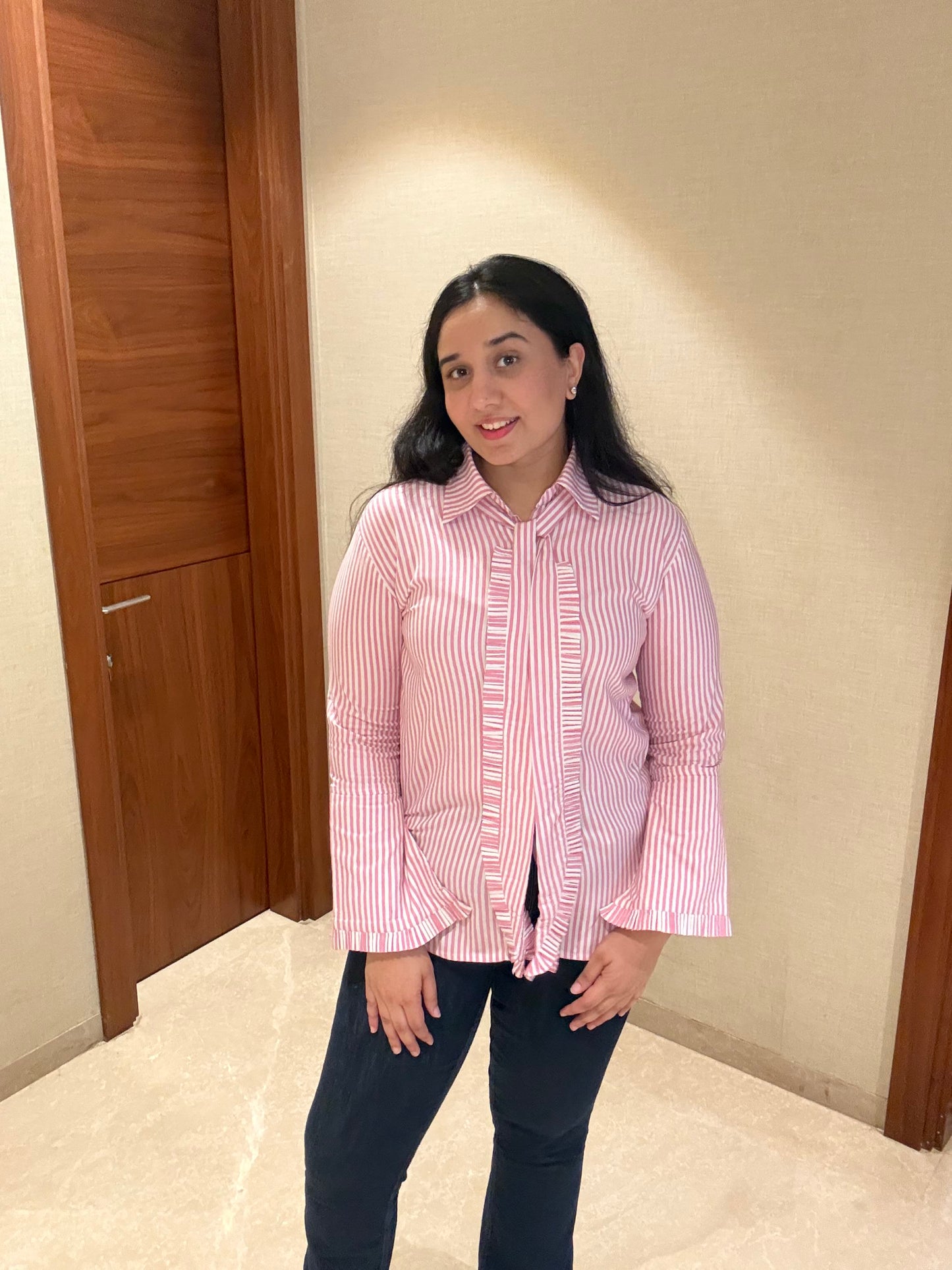 ROSE RUFFLE STRIPE SHIRT