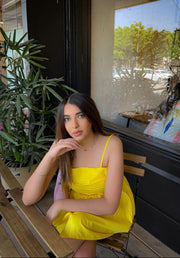 ROUCHING BUSTIER DRESS - NEON YELLOW