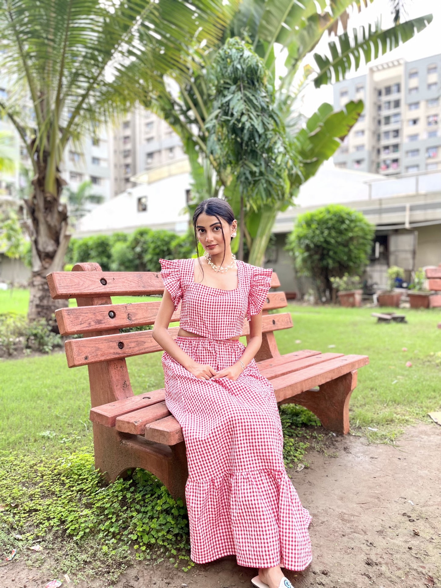 RED GINGHAM FRILL SLEEVE DRESS