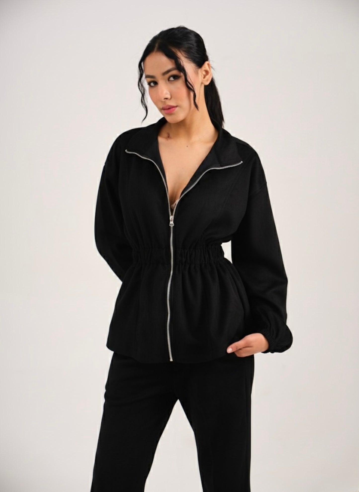SUEDE CINCHED COORD SET - BLACK