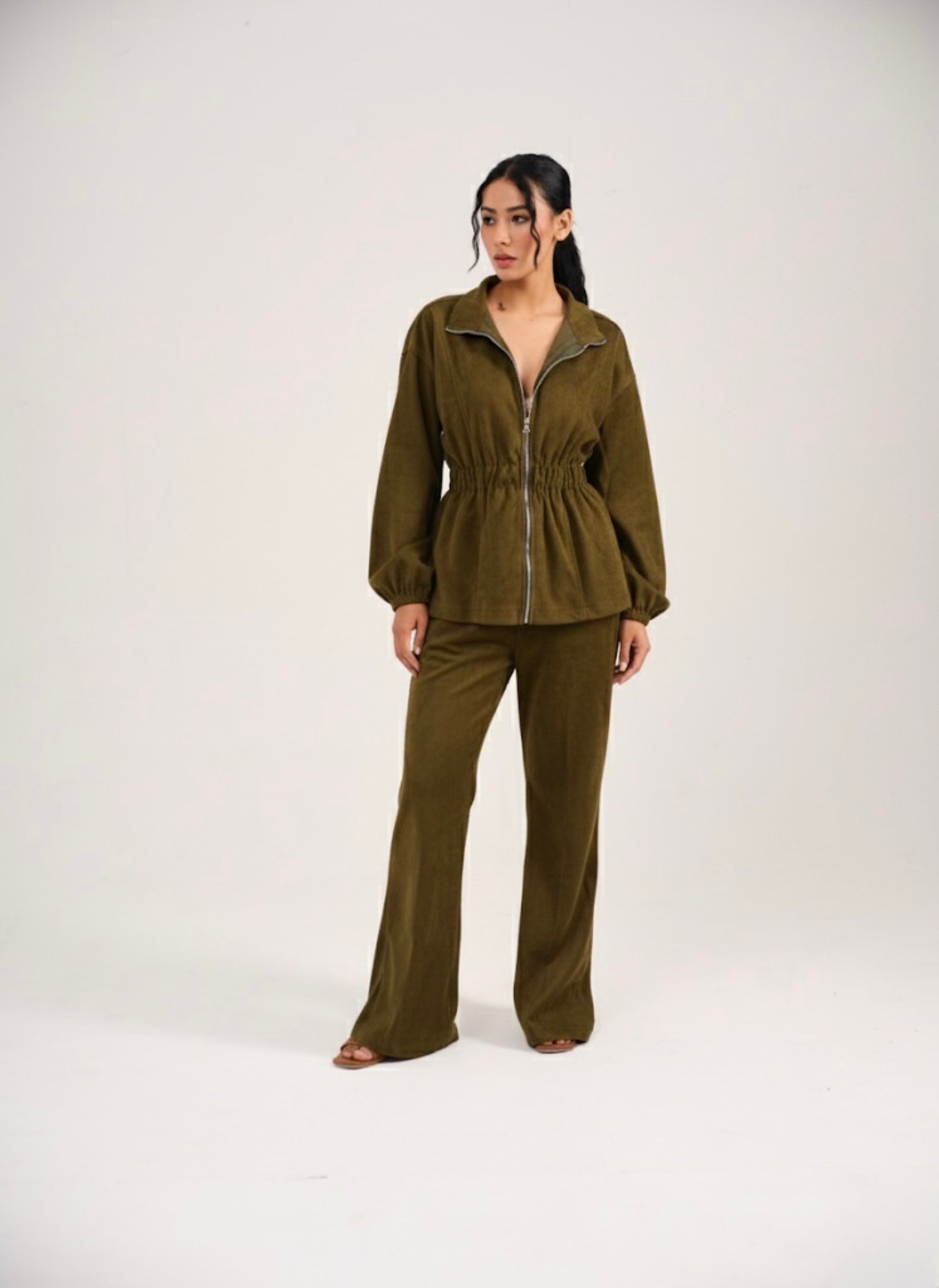 SUEDE CINCHED COORD SET - OLIVE