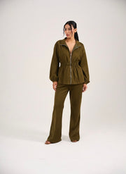SUEDE CINCHED COORD SET - OLIVE
