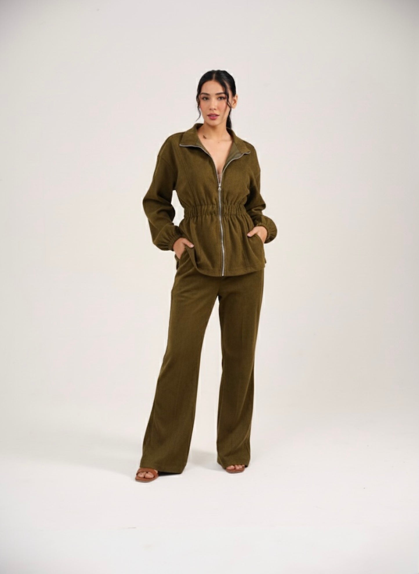 SUEDE CINCHED COORD SET - OLIVE