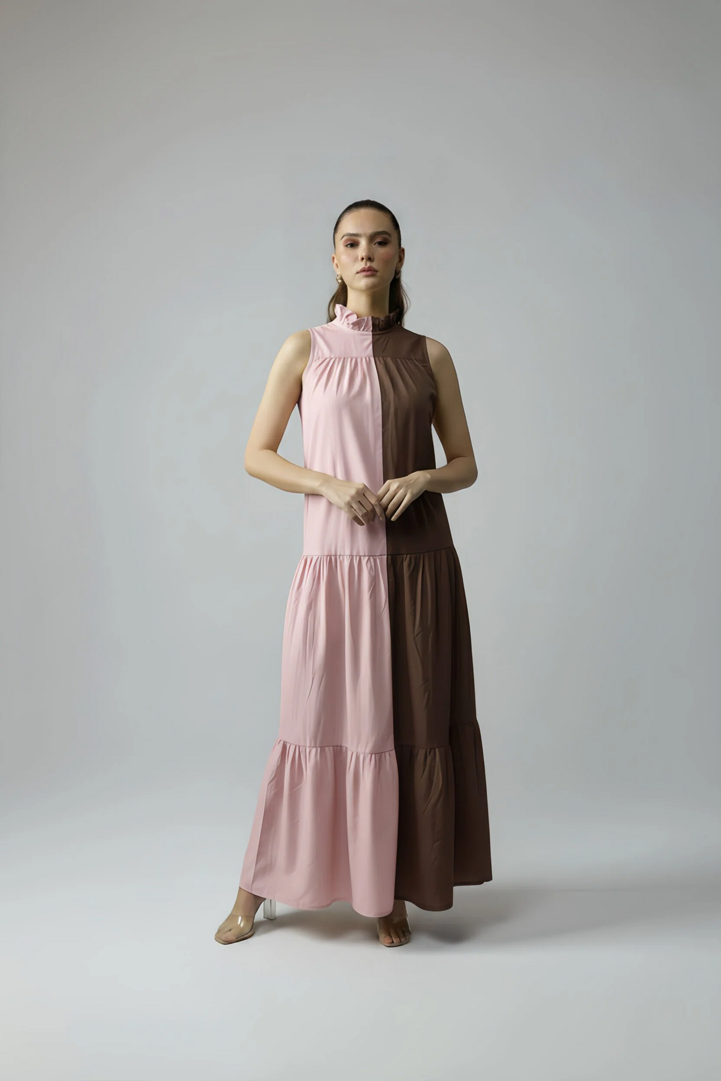 BLOCK DRESS - BABY PINK/COFFEE