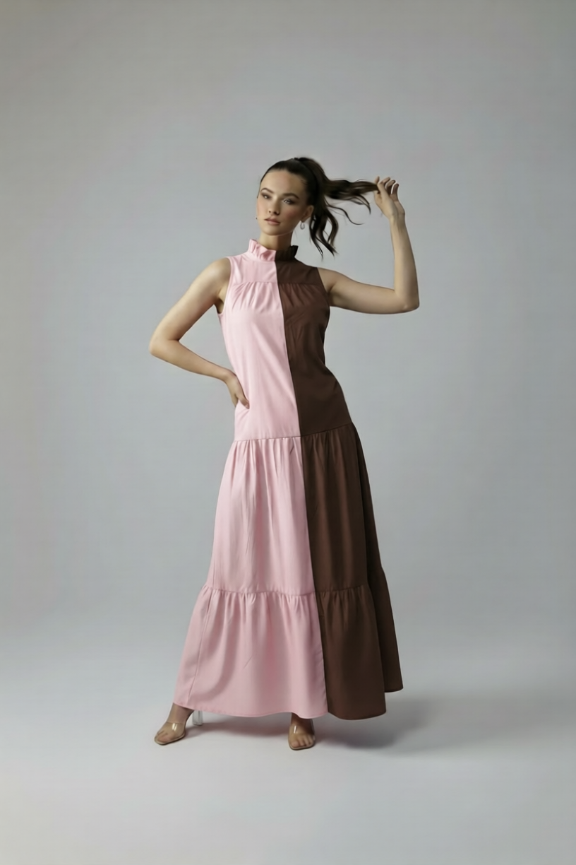 BLOCK DRESS - BABY PINK/COFFEE
