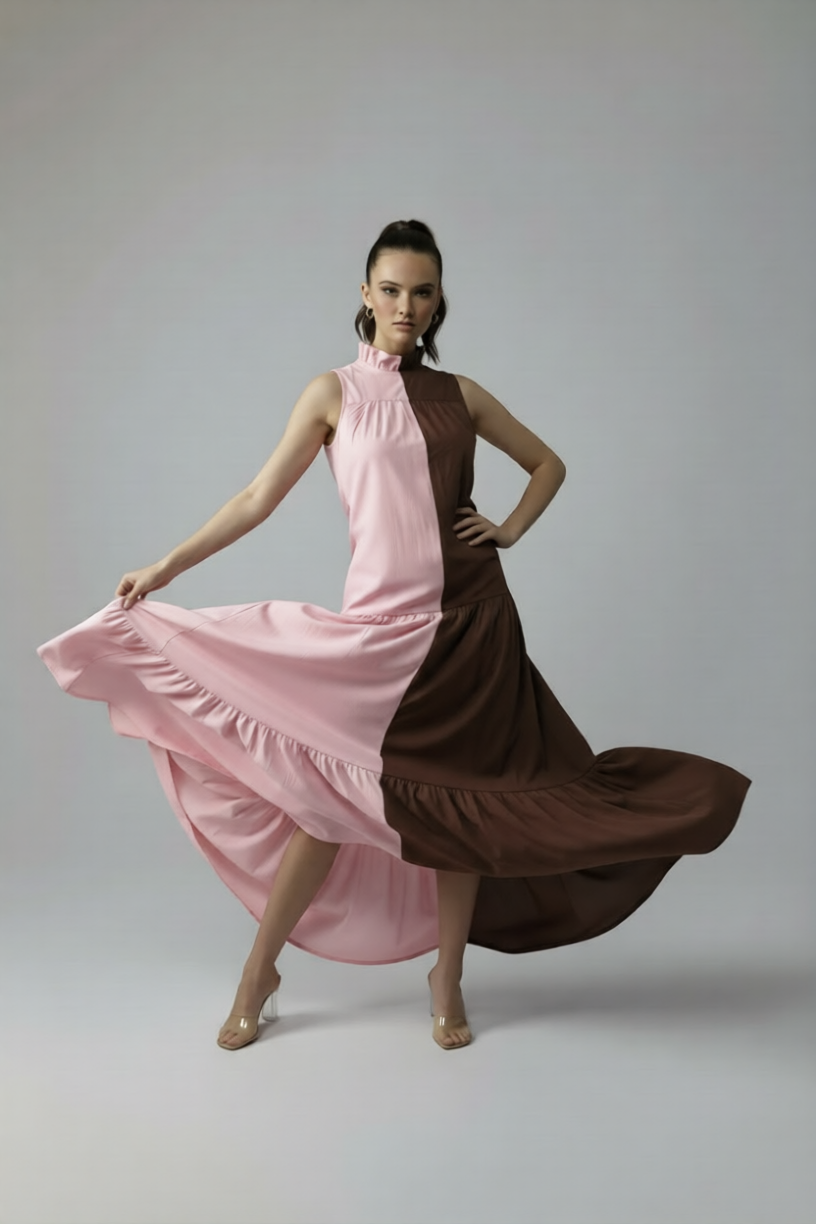 BLOCK DRESS - BABY PINK/COFFEE