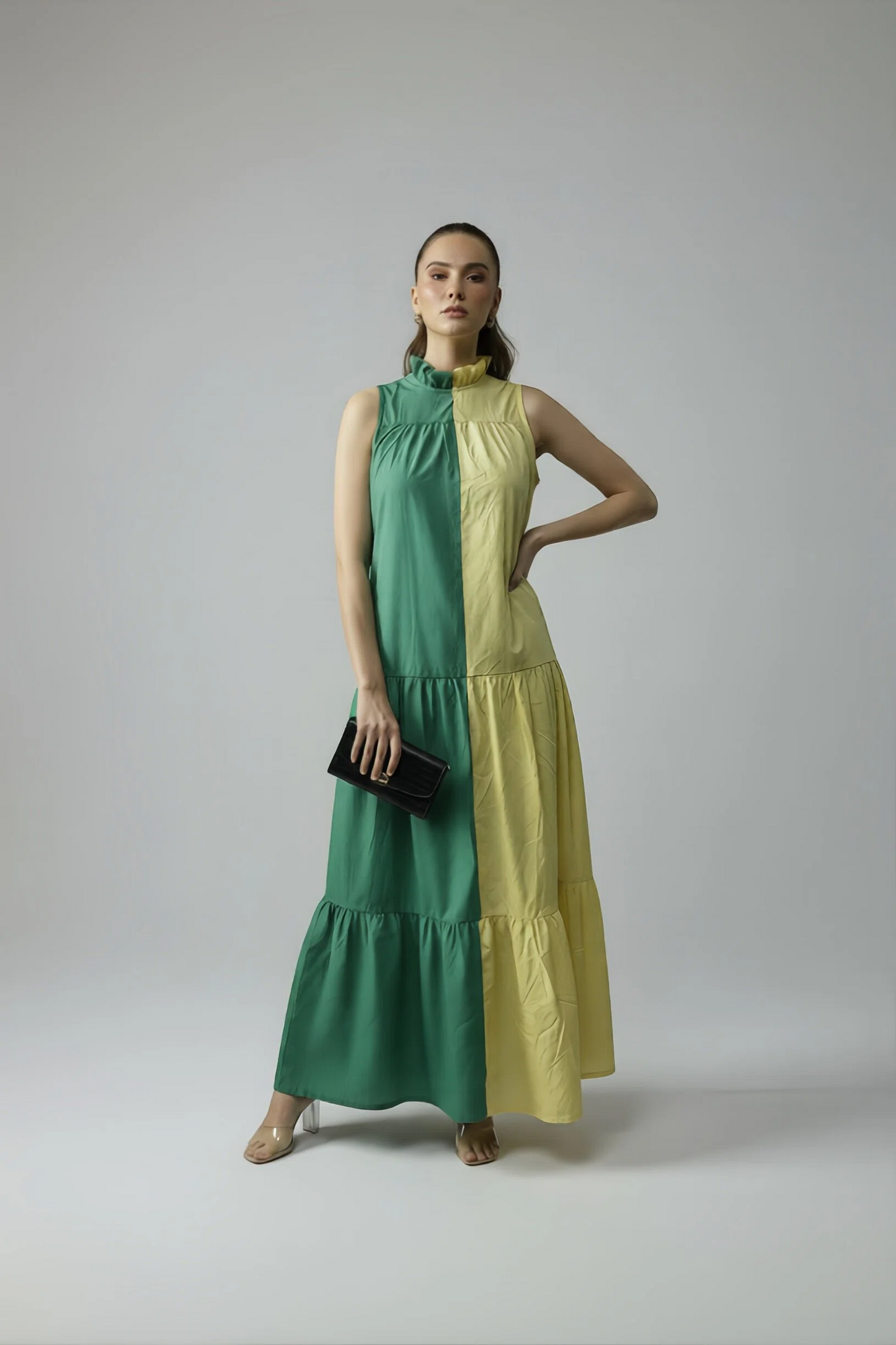 BLOCK DRESS - YELLOW/FOREST GREEN