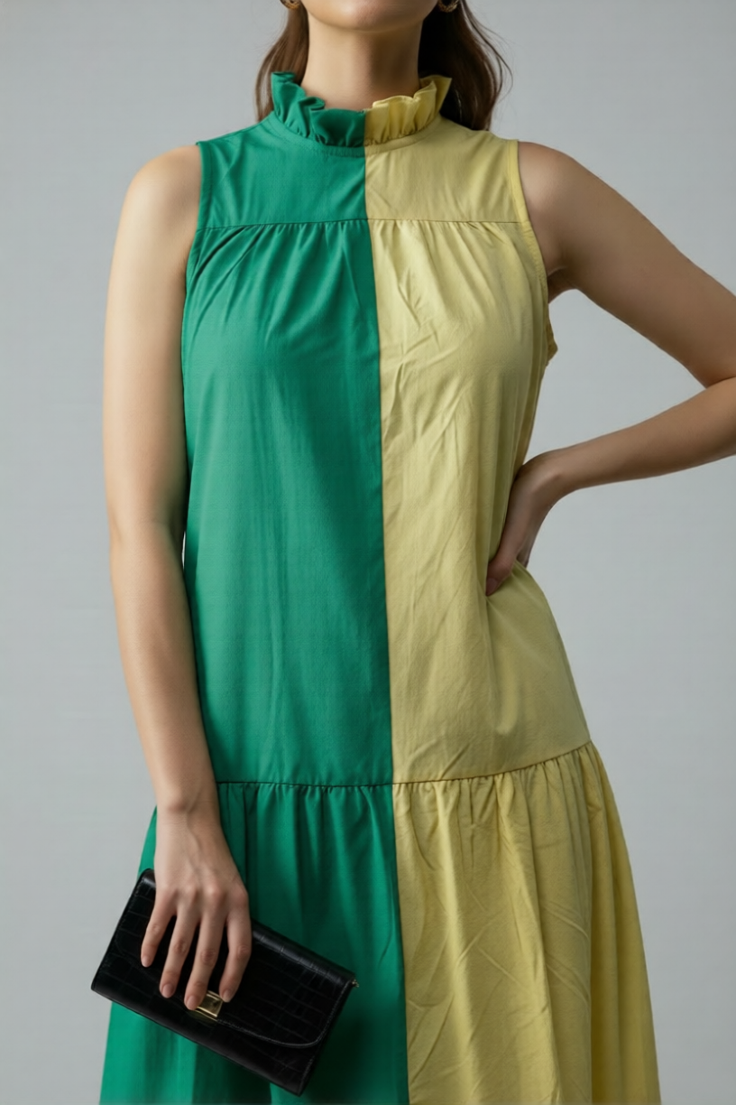 BLOCK DRESS - YELLOW/FOREST GREEN