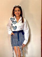 HEART PATCHED SHIRT AND FRINGED SKIRT