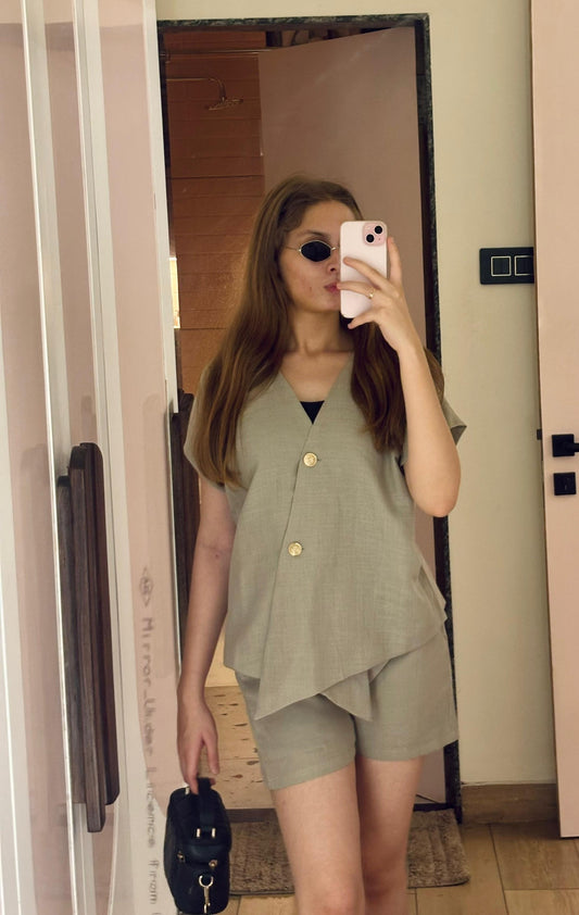 ASSYMETRICAL LINEN COORD - BEIGE