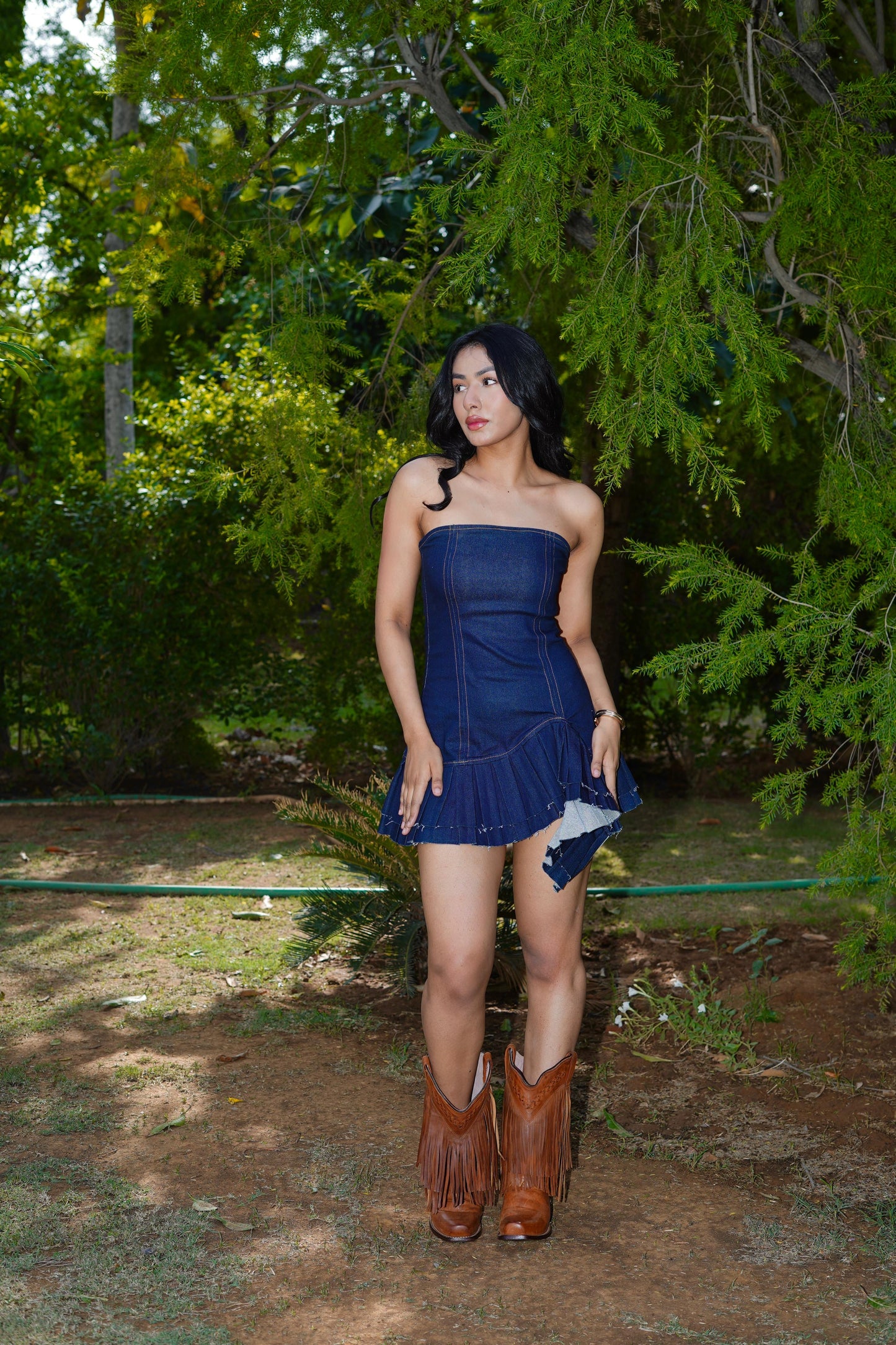 INDIGO PLEATED DENIM DRESS