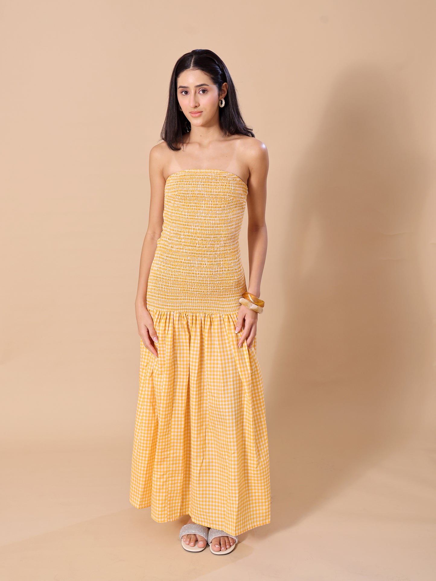 GINGHAM SMOKED TUBE DRESS - MANGO