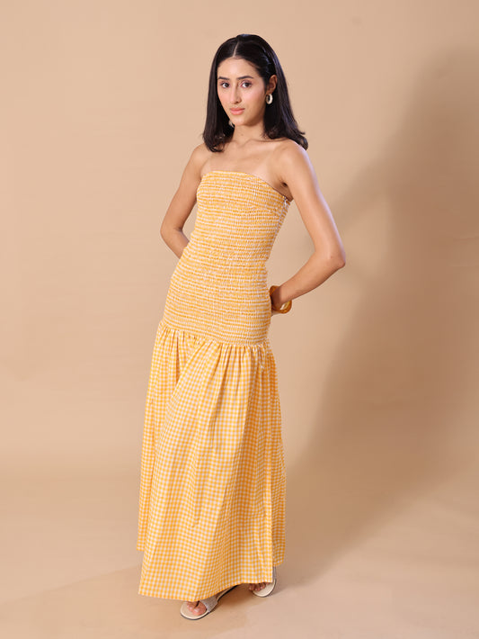 GINGHAM SMOKED TUBE DRESS - MANGO