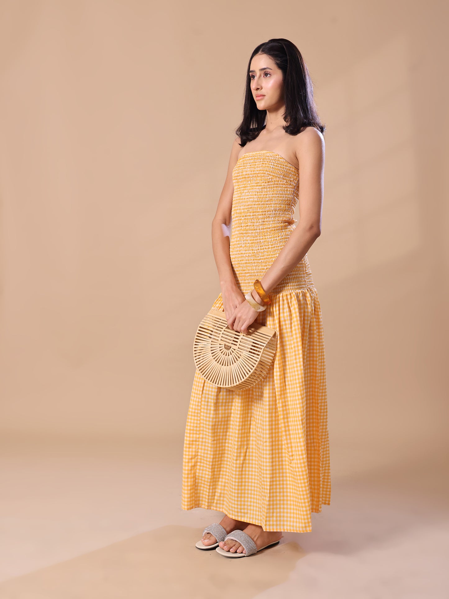 GINGHAM SMOKED TUBE DRESS - MANGO