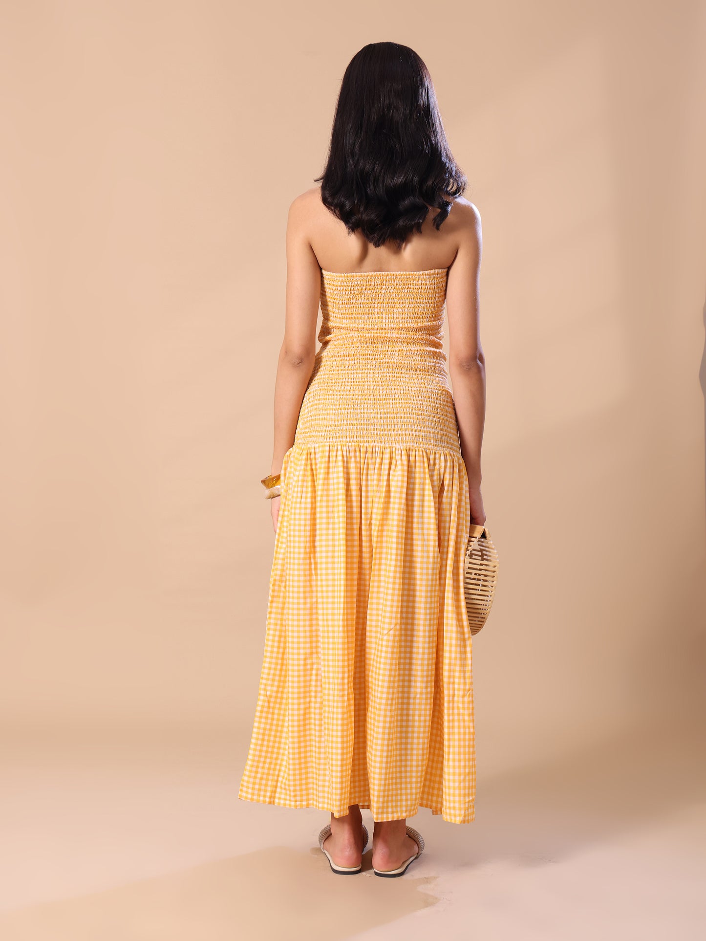 GINGHAM SMOKED TUBE DRESS - MANGO
