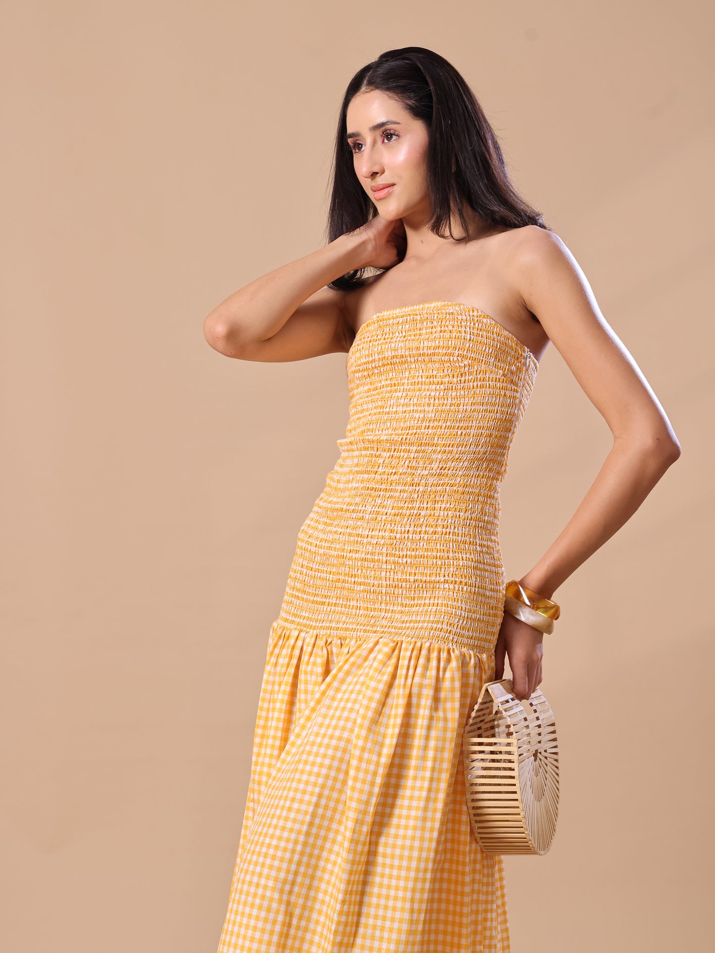 GINGHAM SMOKED TUBE DRESS - MANGO