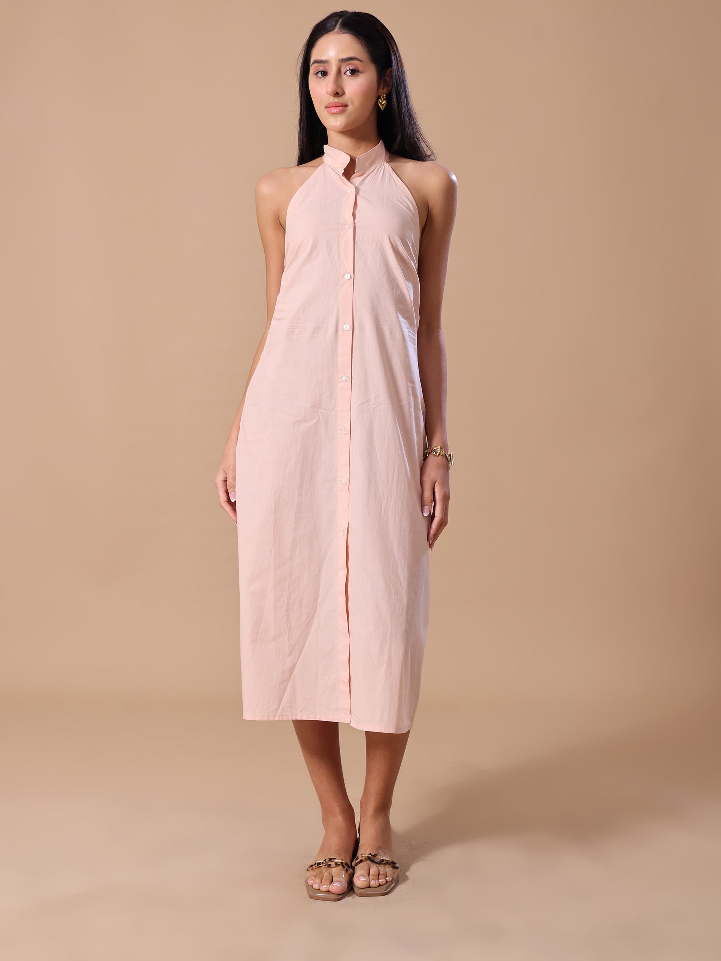 RUFFLE BACKLESS SHIRT DRESS - PEACH