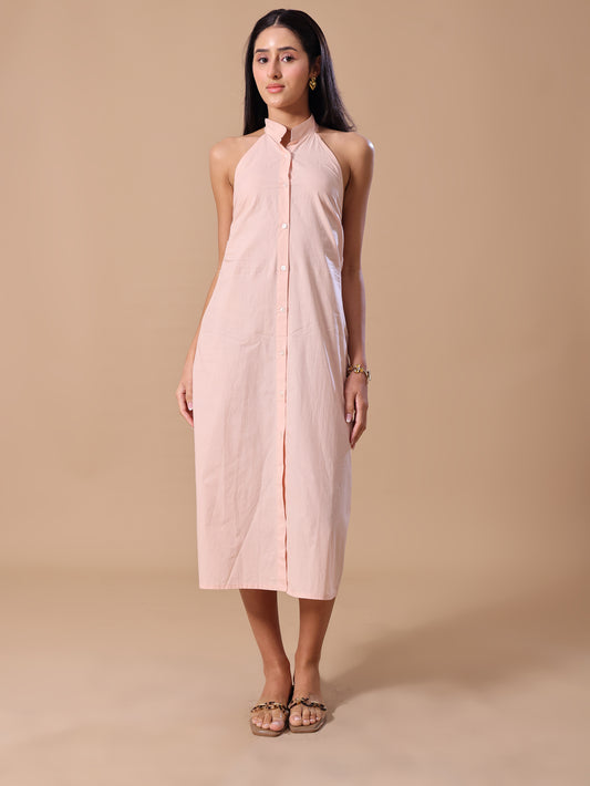RUFFLE BACKLESS SHIRT DRESS - PEACH
